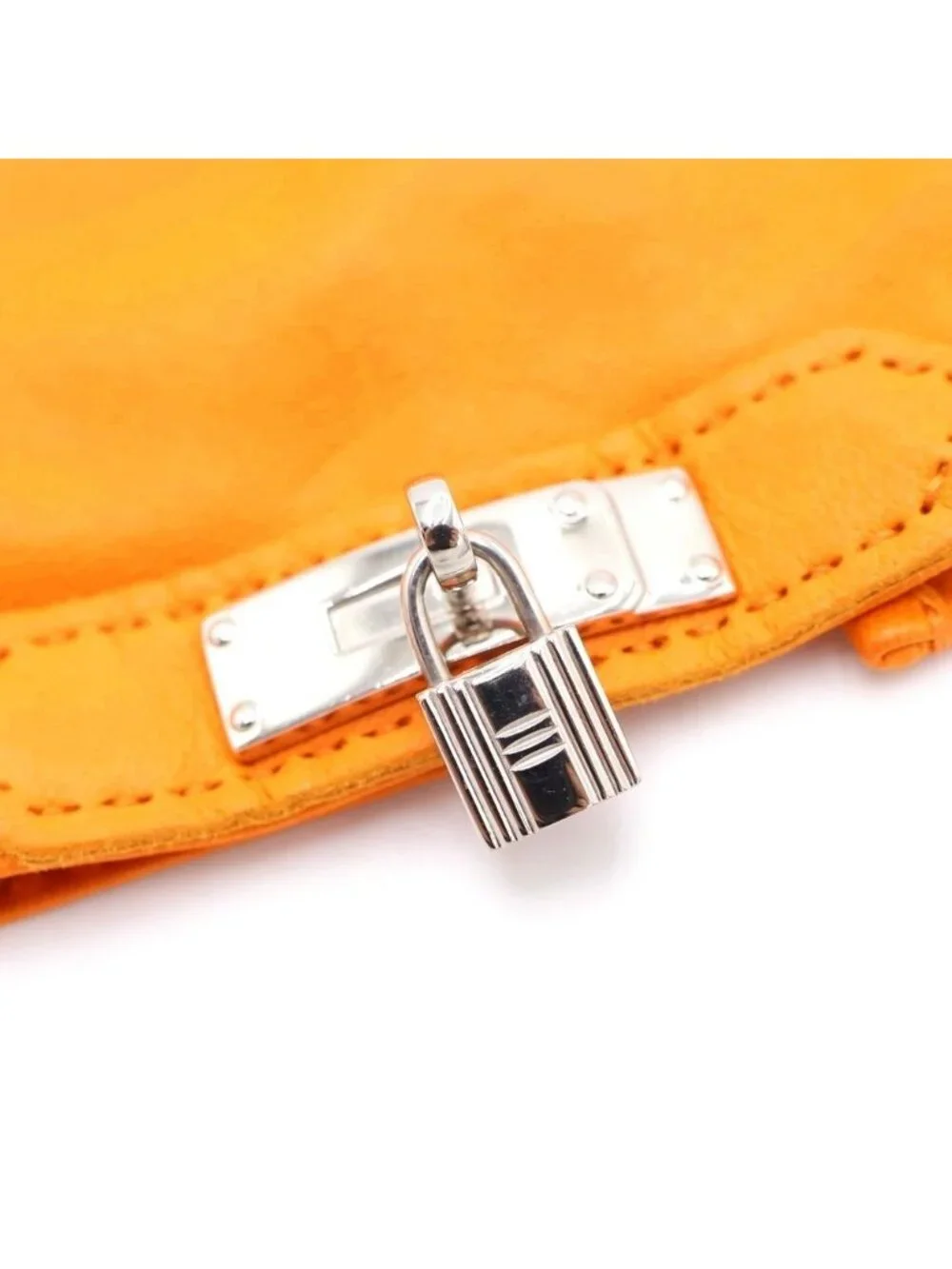 Hermes Kelly Buckle Cadena Lambskin Leather Gloves Silver Orange